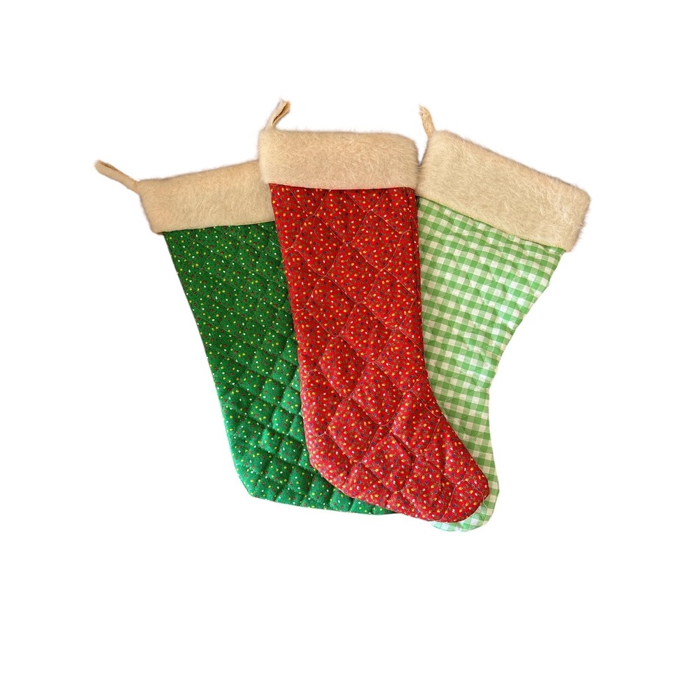 Vintage Quilted Christmas Stockings Set of 3 Faux Fur Trim Crochet Minis Holiday